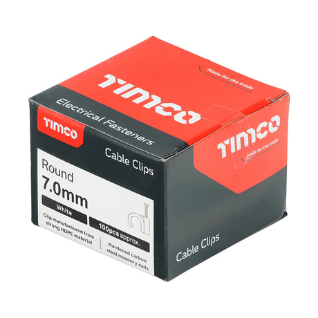 This is an image showing TIMCO Round Cable Clips - White - To fit 7.0mm - 100 Pieces Box available from T.H Wiggans Ironmongery in Kendal, quick delivery at discounted prices.