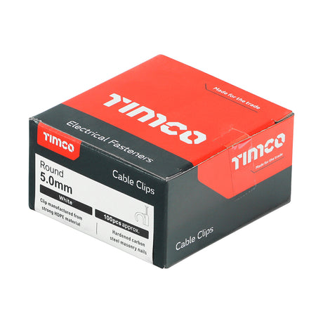 This is an image showing TIMCO Round Cable Clips - White - To fit 5.0mm - 100 Pieces Box available from T.H Wiggans Ironmongery in Kendal, quick delivery at discounted prices.