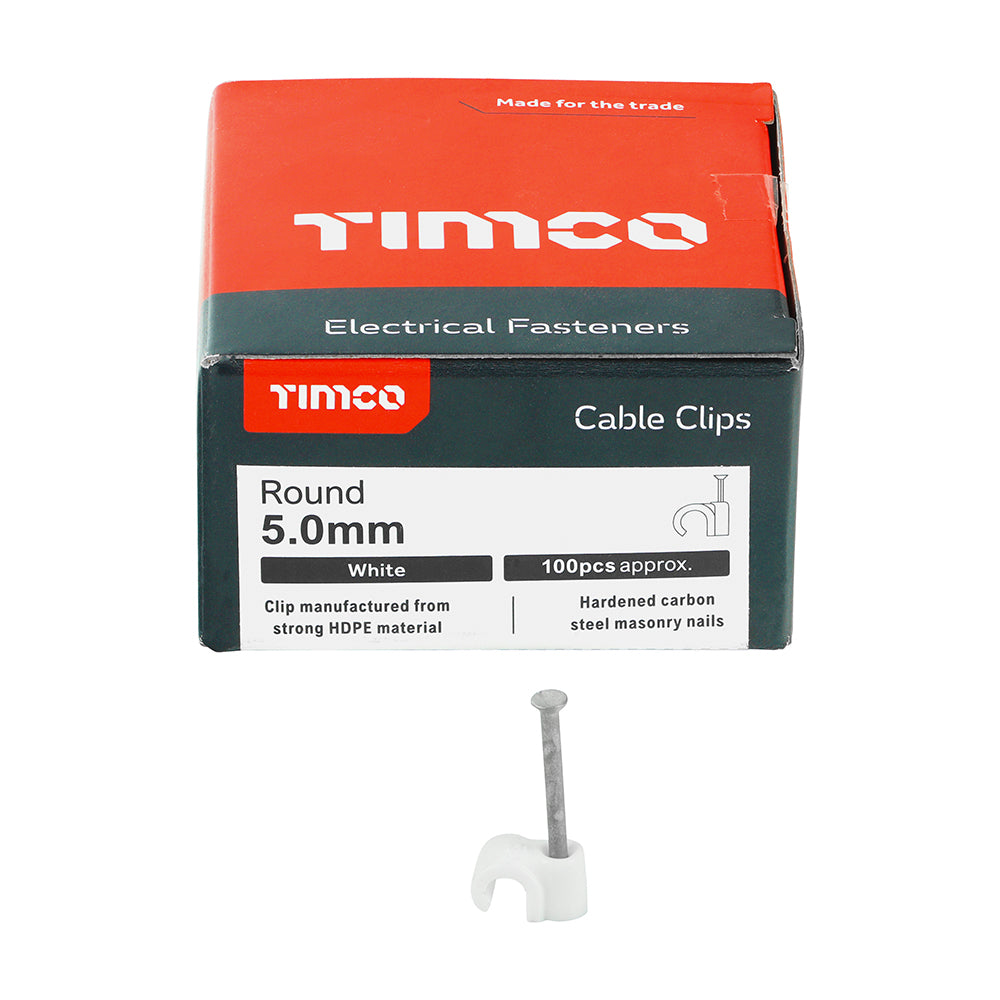 This is an image showing TIMCO Round Cable Clips - White - To fit 5.0mm - 100 Pieces Box available from T.H Wiggans Ironmongery in Kendal, quick delivery at discounted prices.
