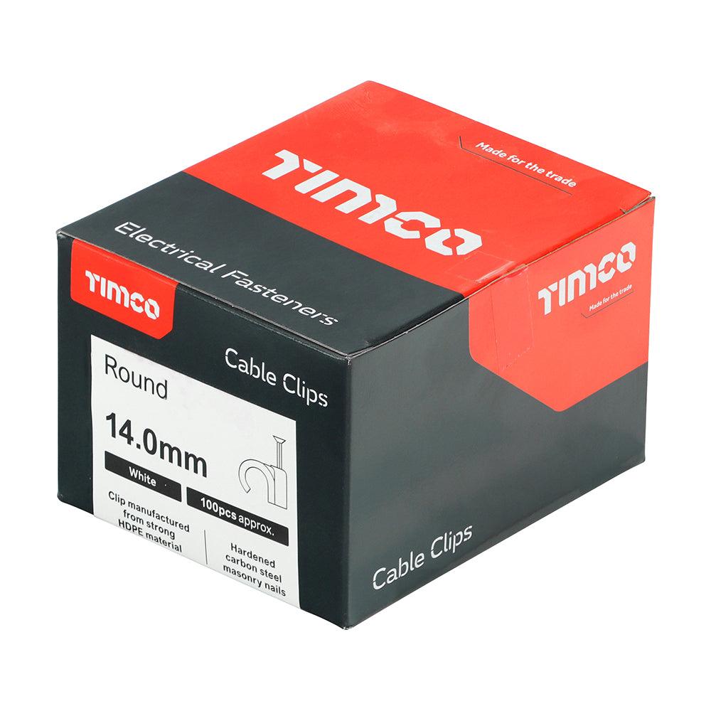 This is an image showing TIMCO Round Cable Clips - White - To fit 14.0mm - 100 Pieces Box available from T.H Wiggans Ironmongery in Kendal, quick delivery at discounted prices.