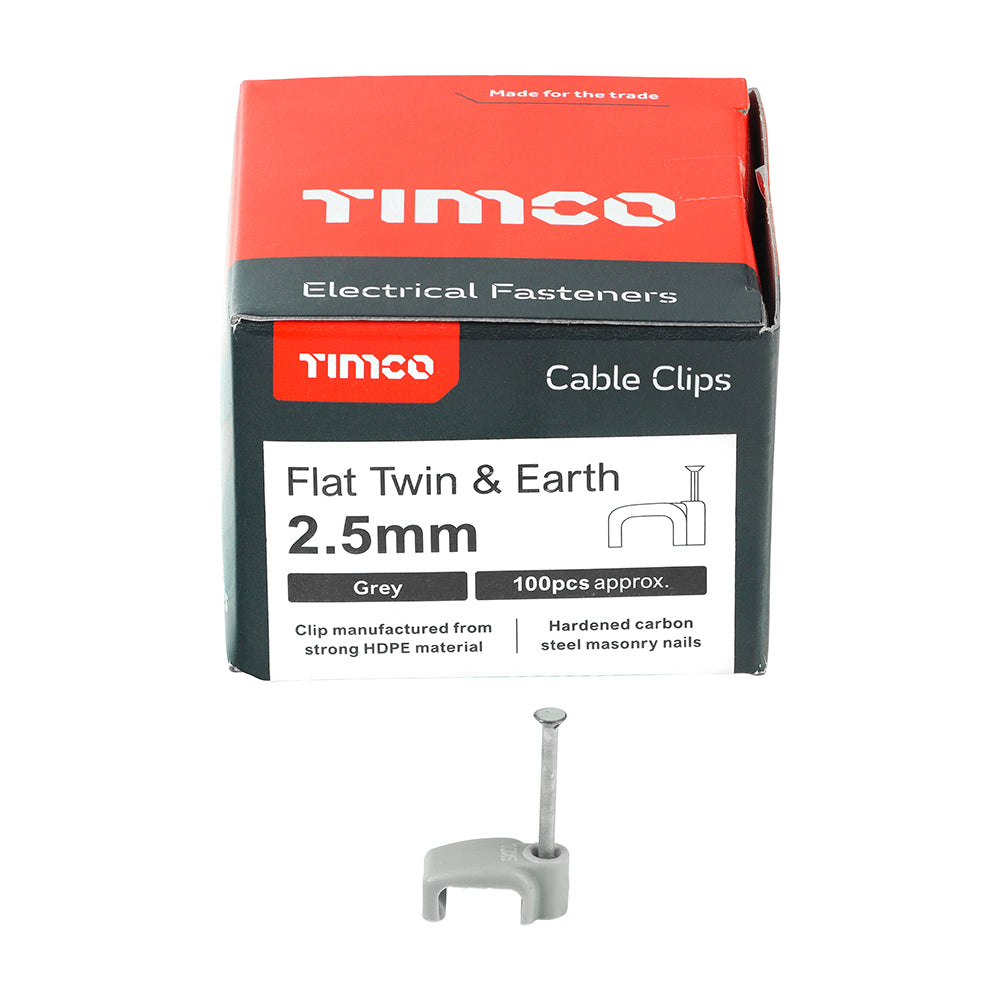 This is an image showing TIMCO Flat Twin & Earth Cable Clips - Grey - To fit 2.5mm - 100 Pieces Box available from T.H Wiggans Ironmongery in Kendal, quick delivery at discounted prices.