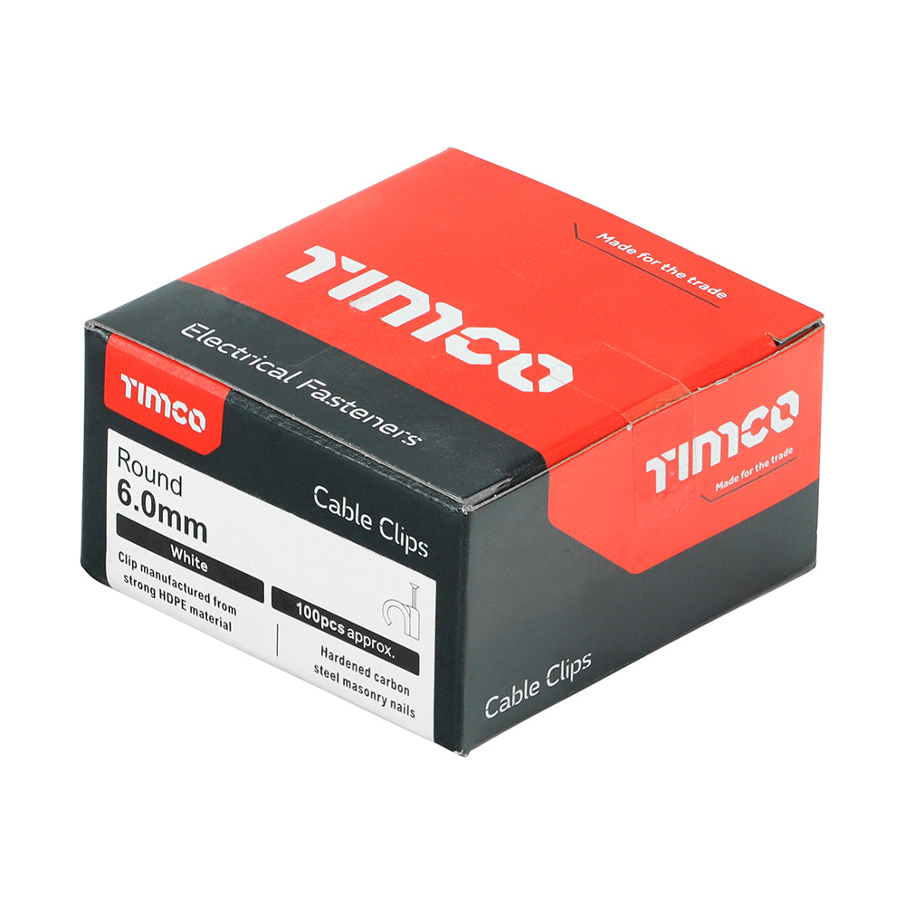 This is an image showing TIMCO Round Cable Clips - White - To fit 6.0mm - 100 Pieces Box available from T.H Wiggans Ironmongery in Kendal, quick delivery at discounted prices.