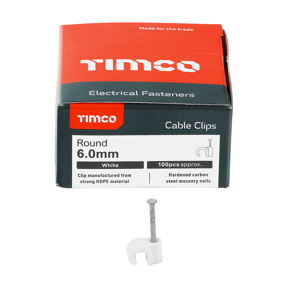 This is an image showing TIMCO Round Cable Clips - White - To fit 6.0mm - 100 Pieces Box available from T.H Wiggans Ironmongery in Kendal, quick delivery at discounted prices.