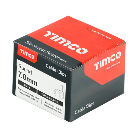 This is an image showing TIMCO Round Cable Clips - Black - To fit 7.0mm - 100 Pieces Box available from T.H Wiggans Ironmongery in Kendal, quick delivery at discounted prices.