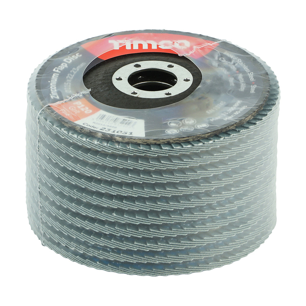 This is an image showing TIMCO Set of Flap Discs - Zirconium - Type 29 Conical - P120 Grit - 115 x 22.23 - 10 Pieces Box available from T.H Wiggans Ironmongery in Kendal, quick delivery at discounted prices.