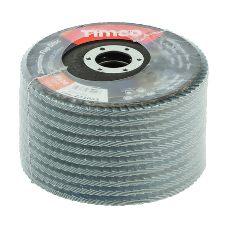 This is an image showing TIMCO Set of Flap Discs - Zirconium - Type 29 Conical - P120 Grit - 115 x 22.23 - 10 Pieces Box available from T.H Wiggans Ironmongery in Kendal, quick delivery at discounted prices.