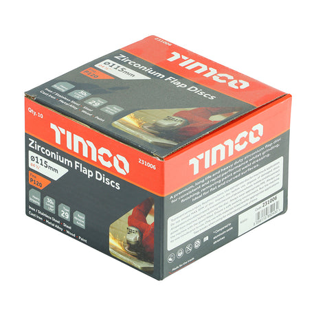 This is an image showing TIMCO Set of Flap Discs - Zirconium - Type 29 Conical - P120 Grit - 115 x 22.23 - 10 Pieces Box available from T.H Wiggans Ironmongery in Kendal, quick delivery at discounted prices.