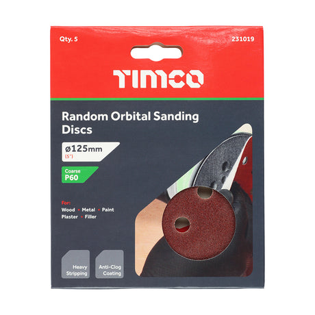 This is an image showing TIMCO Random Orbital Sanding Discs - 60 Grit - Red - 125mm - 5 Pieces Pack available from T.H Wiggans Ironmongery in Kendal, quick delivery at discounted prices.