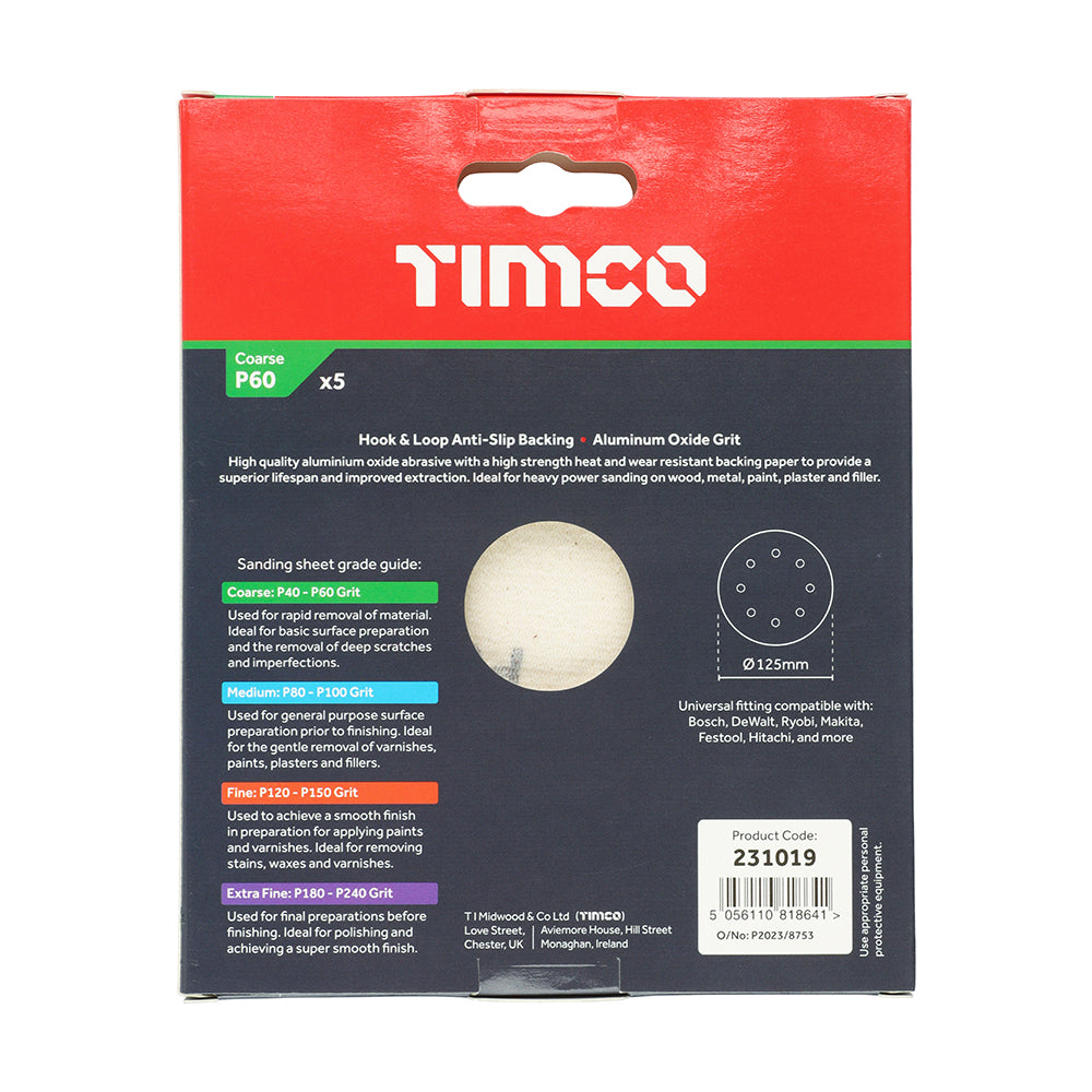 This is an image showing TIMCO Random Orbital Sanding Discs - 60 Grit - Red - 125mm - 5 Pieces Pack available from T.H Wiggans Ironmongery in Kendal, quick delivery at discounted prices.