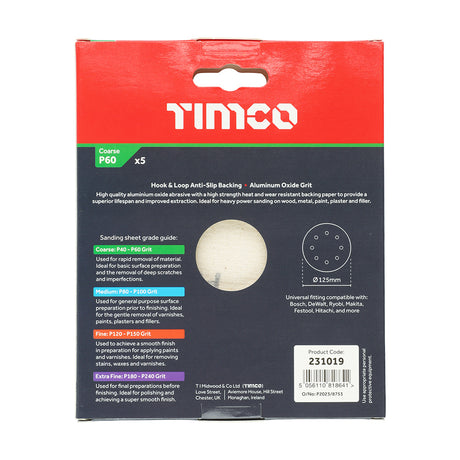 This is an image showing TIMCO Random Orbital Sanding Discs - 60 Grit - Red - 125mm - 5 Pieces Pack available from T.H Wiggans Ironmongery in Kendal, quick delivery at discounted prices.