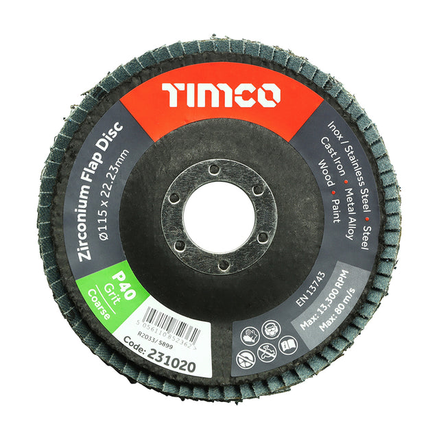 This is an image showing TIMCO Flap Disc - Zirconium - Type 29 Conical - P40 Grit - 115 x 22.23 - 1 Each Pack available from T.H Wiggans Ironmongery in Kendal, quick delivery at discounted prices.