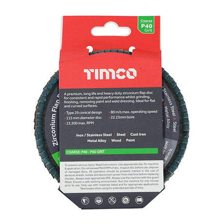 This is an image showing TIMCO Flap Disc - Zirconium - Type 29 Conical - P40 Grit - 115 x 22.23 - 1 Each Pack available from T.H Wiggans Ironmongery in Kendal, quick delivery at discounted prices.