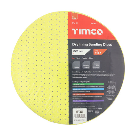 This is an image showing TIMCO Drylining Sanding Discs - 120 Grit - Yellow - 225mm - 25 Pieces Pack available from T.H Wiggans Ironmongery in Kendal, quick delivery at discounted prices.