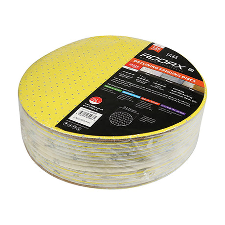 This is an image showing TIMCO Drylining Sanding Discs - 120 Grit - Yellow - 225mm - 25 Pieces Pack available from T.H Wiggans Ironmongery in Kendal, quick delivery at discounted prices.