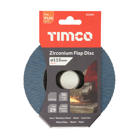 This is an image showing TIMCO Flap Disc - Zirconium - Type 29 Conical - P120 Grit - 115 x 22.23 - 1 Each Pack available from T.H Wiggans Ironmongery in Kendal, quick delivery at discounted prices.