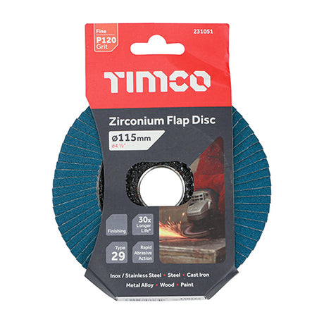 This is an image showing TIMCO Flap Disc - Zirconium - Type 29 Conical - P120 Grit - 115 x 22.23 - 1 Each Pack available from T.H Wiggans Ironmongery in Kendal, quick delivery at discounted prices.