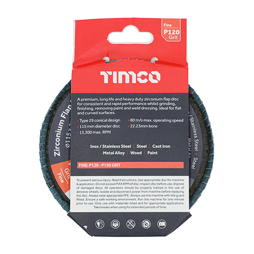 This is an image showing TIMCO Flap Disc - Zirconium - Type 29 Conical - P120 Grit - 115 x 22.23 - 1 Each Pack available from T.H Wiggans Ironmongery in Kendal, quick delivery at discounted prices.