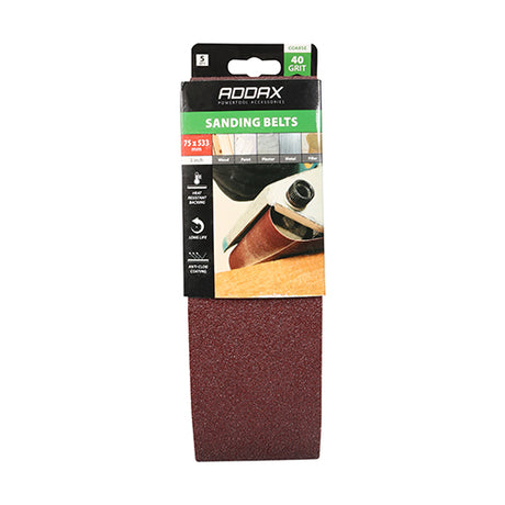 This is an image showing TIMCO Sanding Belts - 40 Grit - Red - 75 x 533mm - 5 Pieces Pack available from T.H Wiggans Ironmongery in Kendal, quick delivery at discounted prices.