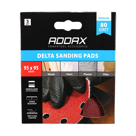 This is an image showing TIMCO Delta Sanding Pads - 80 Grit - Red - 95 x 95mm - 5 Pieces Pack available from T.H Wiggans Ironmongery in Kendal, quick delivery at discounted prices.