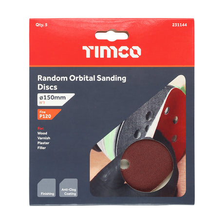 This is an image showing TIMCO Random Orbital Sanding Discs - 120 Grit - Red - 150mm - 5 Pieces Pack available from T.H Wiggans Ironmongery in Kendal, quick delivery at discounted prices.
