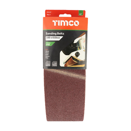 This is an image showing TIMCO Sanding Belts - 40 Grit - Red - 100 x 610mm - 5 Pieces Pack available from T.H Wiggans Ironmongery in Kendal, quick delivery at discounted prices.
