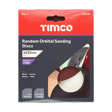 This is an image showing TIMCO Random Orbital Sanding Discs - 180 Grit - Red - 125mm - 5 Pieces Pack available from T.H Wiggans Ironmongery in Kendal, quick delivery at discounted prices.