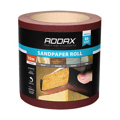 This is an image showing TIMCO Sandpaper Roll - 80 Grit - Red - 115mm x 10m - 1 Each Roll available from T.H Wiggans Ironmongery in Kendal, quick delivery at discounted prices.