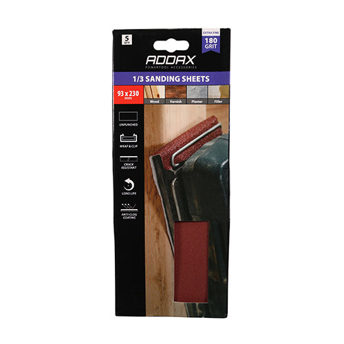 This is an image showing TIMCO 1/3 Sanding Sheets - 180 Grit - Red - Unpunched - 93 x 230mm - 5 Pieces Pack available from T.H Wiggans Ironmongery in Kendal, quick delivery at discounted prices.