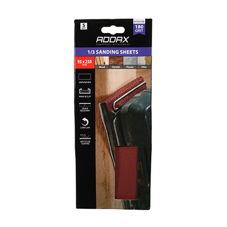 This is an image showing TIMCO 1/3 Sanding Sheets - 180 Grit - Red - Unpunched - 93 x 230mm - 5 Pieces Pack available from T.H Wiggans Ironmongery in Kendal, quick delivery at discounted prices.