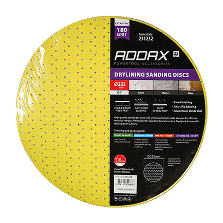 This is an image showing TIMCO Drylining Sanding Discs - 180 Grit - Yellow - 225mm - 25 Pieces Pack available from T.H Wiggans Ironmongery in Kendal, quick delivery at discounted prices.