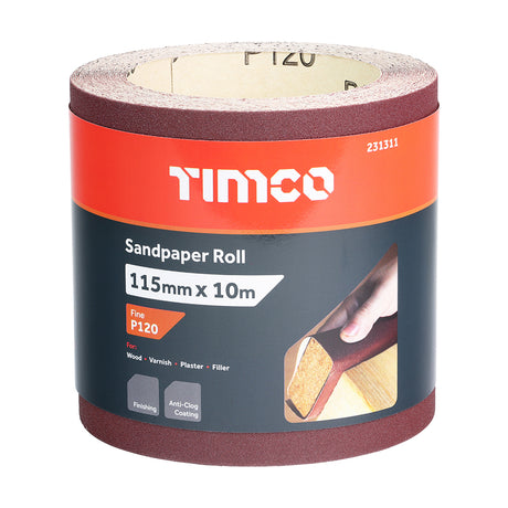 This is an image showing TIMCO Sandpaper Roll - 120 Grit - Red - 115mm x 10m - 1 Each Roll available from T.H Wiggans Ironmongery in Kendal, quick delivery at discounted prices.