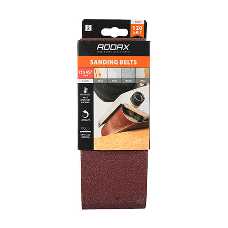 This is an image showing TIMCO Sanding Belts - 120 Grit - Red - 75 x 457mm - 5 Pieces Pack available from T.H Wiggans Ironmongery in Kendal, quick delivery at discounted prices.
