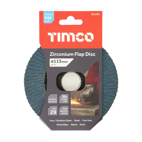 This is an image showing TIMCO Flap Disc - Zirconium - Type 29 Conical - P80 Grit - 115 x 22.23 - 1 Each Pack available from T.H Wiggans Ironmongery in Kendal, quick delivery at discounted prices.