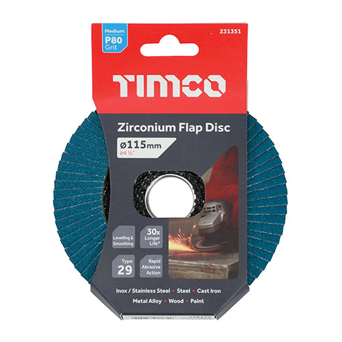 This is an image showing TIMCO Flap Disc - Zirconium - Type 29 Conical - P80 Grit - 115 x 22.23 - 1 Each Pack available from T.H Wiggans Ironmongery in Kendal, quick delivery at discounted prices.