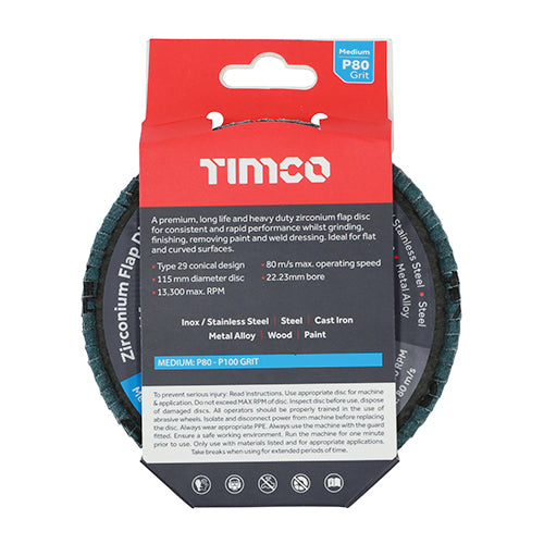 This is an image showing TIMCO Flap Disc - Zirconium - Type 29 Conical - P80 Grit - 115 x 22.23 - 1 Each Pack available from T.H Wiggans Ironmongery in Kendal, quick delivery at discounted prices.