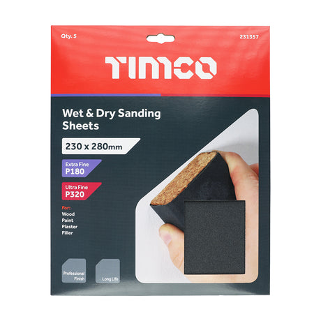 This is an image showing TIMCO Wet & Dry Sanding Sheets - Mixed - Black - 230 x 280mm (180/320) - 5 Pieces Pack available from T.H Wiggans Ironmongery in Kendal, quick delivery at discounted prices.