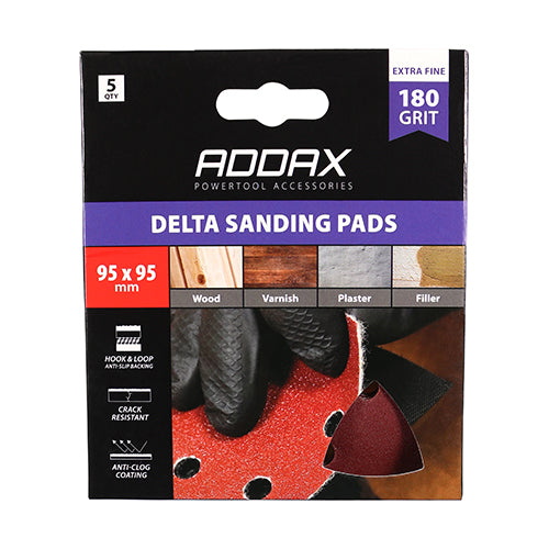 This is an image showing TIMCO Delta Sanding Pads - 180 Grit - Red - 95 x 95mm - 5 Pieces Pack available from T.H Wiggans Ironmongery in Kendal, quick delivery at discounted prices.