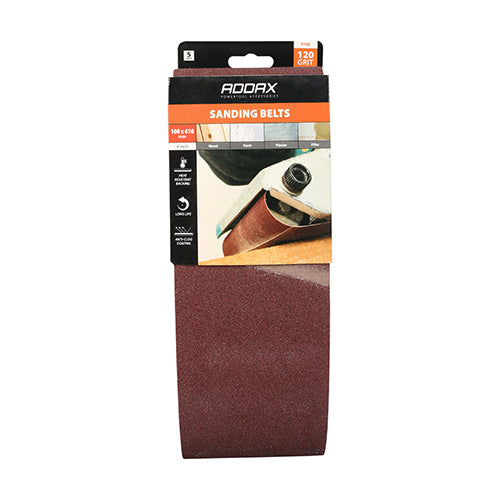 This is an image showing TIMCO Sanding Belts - 120 Grit - Red - 100 x 610mm - 5 Pieces Pack available from T.H Wiggans Ironmongery in Kendal, quick delivery at discounted prices.