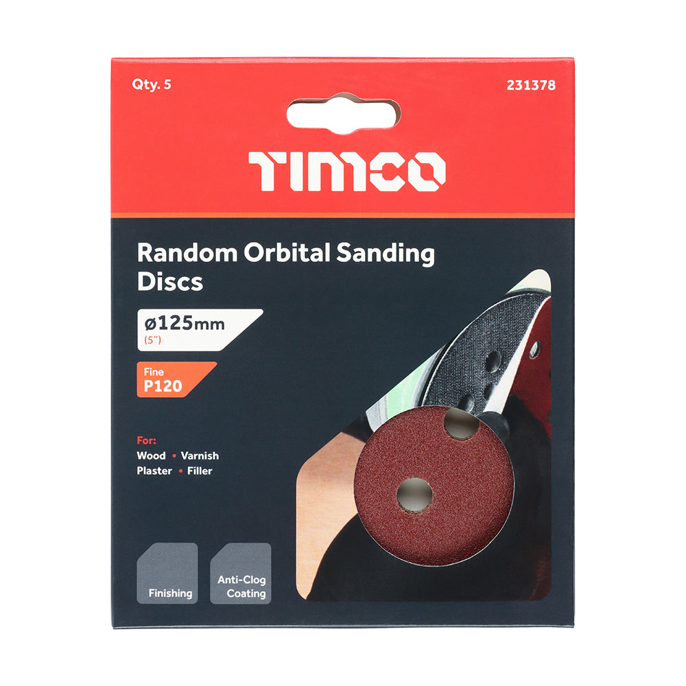 This is an image showing TIMCO Random Orbital Sanding Discs - 120 Grit - Red - 125mm - 5 Pieces Pack available from T.H Wiggans Ironmongery in Kendal, quick delivery at discounted prices.