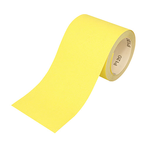 This is an image showing TIMCO Sandpaper Roll - 120 Grit - Yellow - 115mm x 10m - 1 Each Roll available from T.H Wiggans Ironmongery in Kendal, quick delivery at discounted prices.