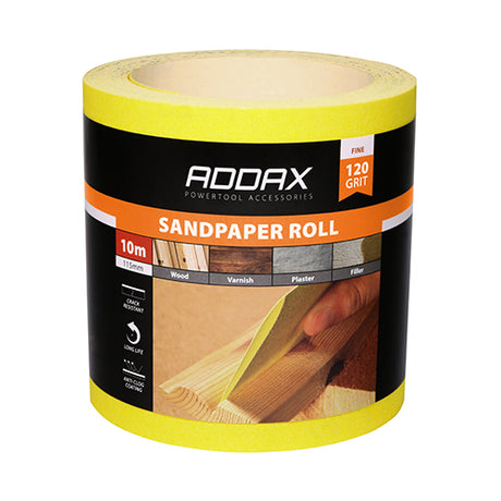 This is an image showing TIMCO Sandpaper Roll - 120 Grit - Yellow - 115mm x 10m - 1 Each Roll available from T.H Wiggans Ironmongery in Kendal, quick delivery at discounted prices.