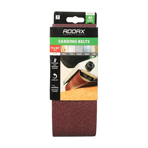 This is an image showing TIMCO Sanding Belts - 40 Grit - Red - 75 x 457mm - 5 Pieces Pack available from T.H Wiggans Ironmongery in Kendal, quick delivery at discounted prices.
