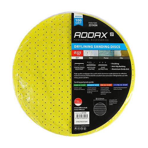 This is an image showing TIMCO Drylining Sanding Discs - 100 Grit - Yellow - 225mm - 25 Pieces Pack available from T.H Wiggans Ironmongery in Kendal, quick delivery at discounted prices.