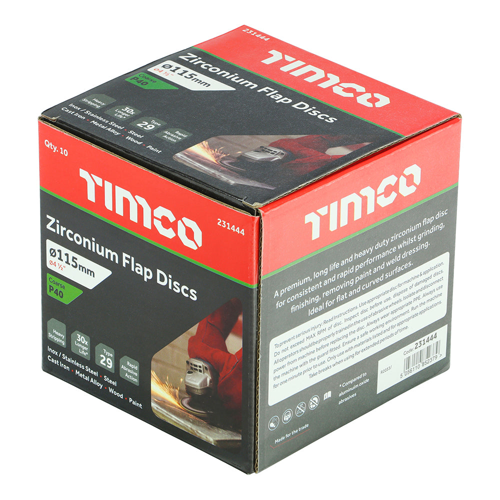 This is an image showing TIMCO Set of Flap Discs - Zirconium - Type 29 Conical - P40 Grit - 115 x 22.23 - 10 Pieces Box available from T.H Wiggans Ironmongery in Kendal, quick delivery at discounted prices.