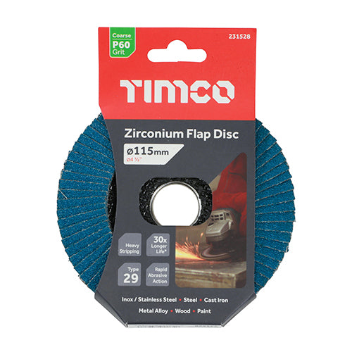 This is an image showing TIMCO Flap Disc - Zirconium - Type 29 Conical - P60 Grit - 115 x 22.23 - 1 Each Pack available from T.H Wiggans Ironmongery in Kendal, quick delivery at discounted prices.