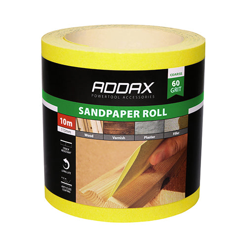 This is an image showing TIMCO Sandpaper Roll - 60 Grit - Yellow - 115mm x 10m - 1 Each Roll available from T.H Wiggans Ironmongery in Kendal, quick delivery at discounted prices.