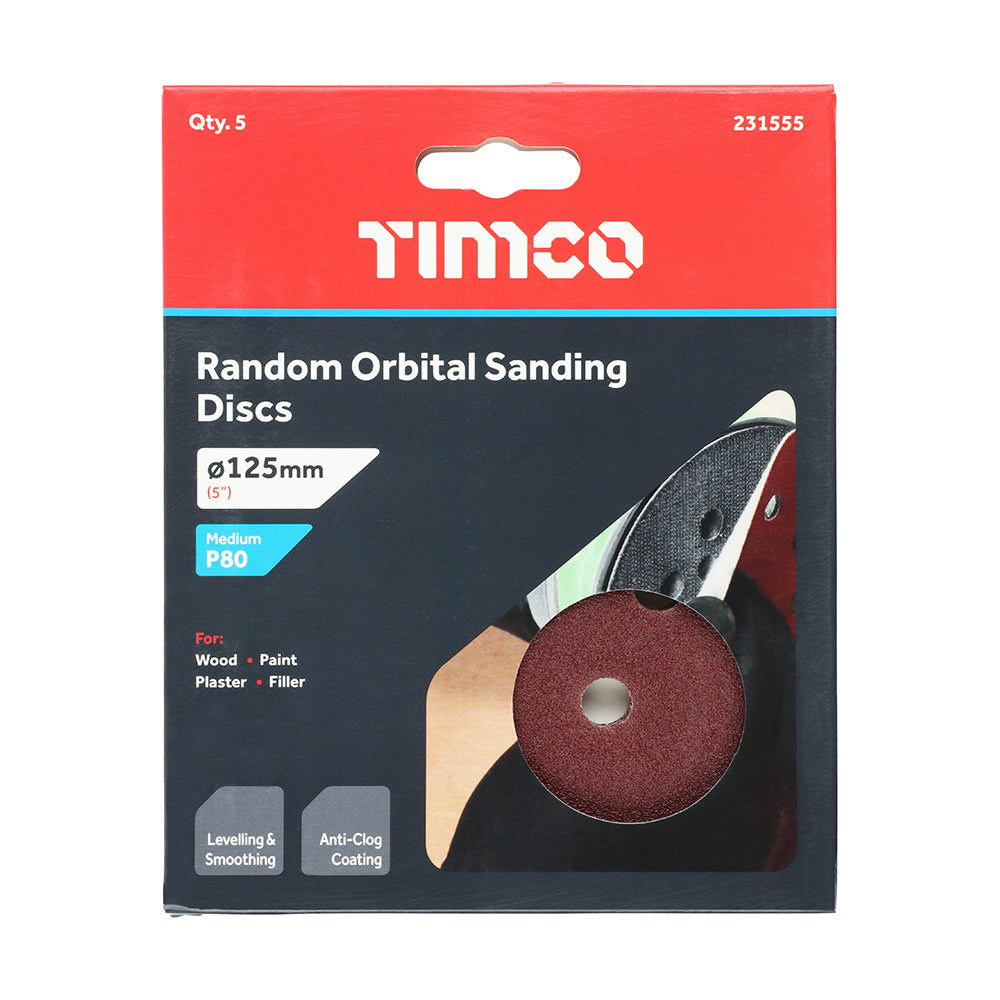 This is an image showing TIMCO Random Orbital Sanding Discs - 80 Grit - Red - 125mm - 5 Pieces Pack available from T.H Wiggans Ironmongery in Kendal, quick delivery at discounted prices.