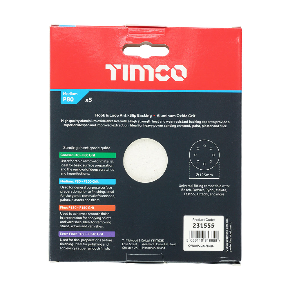 This is an image showing TIMCO Random Orbital Sanding Discs - 80 Grit - Red - 125mm - 5 Pieces Pack available from T.H Wiggans Ironmongery in Kendal, quick delivery at discounted prices.