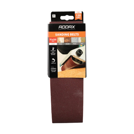 This is an image showing TIMCO Sanding Belts - 120 Grit - Red - 75 x 533mm - 5 Pieces Pack available from T.H Wiggans Ironmongery in Kendal, quick delivery at discounted prices.