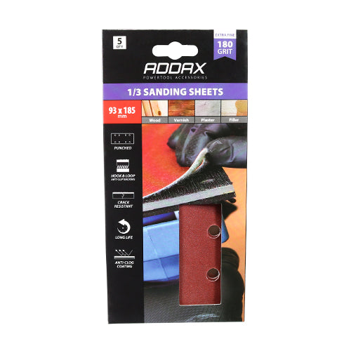 This is an image showing TIMCO 1/3 Sanding Sheets - 180 Grit - Red - Punched - 93 x 185mm - 5 Pieces Pack available from T.H Wiggans Ironmongery in Kendal, quick delivery at discounted prices.